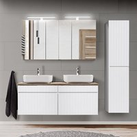 Lomadox - Badmöbel Set in weiß matt mit Vintage Eiche Nb. IRAKLIO-56 Doppel Waschtisch mit 2 Keramik Waschbecken, 2 LED-Spiegelschränke und von LOMADOX
