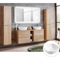 Lomadox - Badmöbelset mit Doppel-Waschtisch inkl. 2 Keramik-Aufsatzbecken TOSKANA-56 Wotaneiche Nb. inkl. LED-Touch-Spiegel, BxHxT ca. 250/190/46cm von LOMADOX