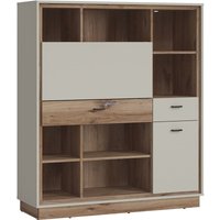 Lomadox - Bücherregal mit Schreibtischfunktion in Flagstaff Eiche Nb. und grau RAMVIK-129, b/h/t ca. 124/143/40 cm von LOMADOX