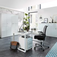 Büro-Möbel Set mit weißen Glasfronten & Auflagen MONTERO-01 komplett inkl. Schreibtisch und Rollcontainer BxHxT 320x196x37cm Büro-Möbel Set mit weißen Glasfronten & Auflagen MONTERO-01 komplett inkl. Schreibtisch und Rollcontainer BxHxT 320x196x37cm von LOMADOX