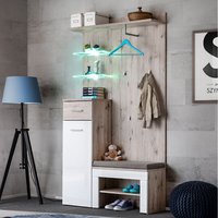 Garderobenset 3-teilig inkl. Schuhbank mit Polster in Eiche und weiß Hochglanz, GALLIPOLI-164 von LOMADOX