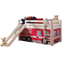Hochbett Spielbett Kinderzimmer PINOO-12 Textilset Feuerwehr in Kiefer massiv weiß lackiert incl. Rutsche, b/h/t: ca. 210/114/218 cm - weiß von LOMADOX