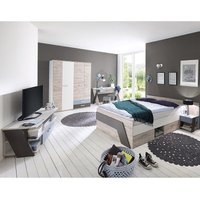 Jugendzimmer Set mit Bett 140x200 cm 5-teilig mit Kleiderschrank LEEDS-10 in Sandeiche Nb. mit weiß, Lava und Denim Blau - grau von LOMADOX
