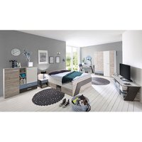 Jugendzimmer Set mit Bett 140x200 cm 6-teilig LEEDS-10 in Sandeiche Nachbildung mit weiß, Lava und Denim Blau - grau von LOMADOX