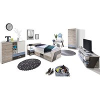 Jugendzimmer Set mit Bett 90x200 cm 6-teilig mit Kleiderschrank LEEDS-10 in Sandeiche Nb. mit weiß, Lava und Denim Blau Jugendzimmer Set mit Bett 90x200 cm 6-teilig mit Kleiderschrank LEEDS-10 in Sandeiche Nb. mit weiß, Lava und Denim Blau von LOMADOX