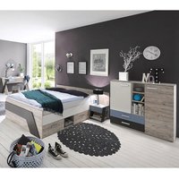 Jugendzimmer mit Bett 140x200 cm und Schreibtisch 4-teilig LEEDS-10 in Sandeiche Nb. mit weiß, Lava und Denim Blau - grau von LOMADOX