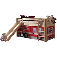 Kinderzimmer Spielbett mit Textilset Feuerwehr PINOO-12 incl. Rutsche in Kiefer massiv natur lackiert, b/h/t: ca. 210/114/218 cm - braun von LOMADOX