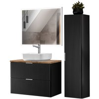 Lomadox - Badezimmer Möbel Set mit Keramik Aufsatzbecken, Hochschrank und rechteckigem led Spiegel, matt schwarz mit Eiche Nb., gerillte Front, von LOMADOX