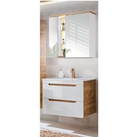 Lomadox - Badezimmer Waschplatz Set mit 81 cm Keramik-Waschtisch & LED-Spiegelschrank LUTON-56 Hochglanz weiß, Wotan Eiche Nb. b/h/t ca. 81/195/46 cm von LOMADOX