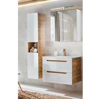 Lomadox - Badezimmerset in Hochglanz weiß mit Wotan Eiche Nb. LUTON-56 Keramik-Waschtisch und Spiegelschrank b/h/t ca. 131/195/46 cm von LOMADOX