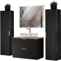 Badmöbel Komplett Set mit 2 Hochschränken, Keramik Aufsatzbecken und rechteckigem led Spiegel, matt schwarz mit Eiche Nb., gerillte Front, von LOMADOX