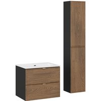 Lomadox - Badmöbel-Set 2-teilig mit 60 cm Waschtisch und Hochschrank in Eiche und schwarz - TARSIA-56 Lomadox - Badmöbel-Set 2-teilig mit 60 cm Waschtisch und Hochschrank in Eiche und schwarz - TARSIA-56 von LOMADOX