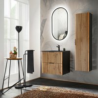 Lomadox - Badmöbel Set Waschtisch 60 cm mit Keramik Waschbecken schwarz, led Spiegel, Hochschrank XANTEN-56 in anthrazit mit Eiche Nb. schwarz von LOMADOX