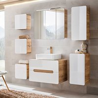 Lomadox - Badmöbel Set in Hochglanz weiß mit Wotan Eiche Nb. LUTON-56 mit LED-Spiegelschrank, b/h/t ca. 180/200/46 cm von LOMADOX