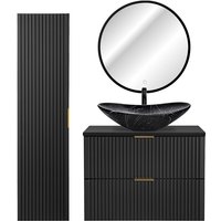 Lomadox - Badmöbel Set mit 81cm Waschtisch, Hochschrank, LED-Spiegel und Keramik-Waschbecken, schwarz matt gerillte Front, ADELAIDE-56-BLACK, b/h/t von LOMADOX
