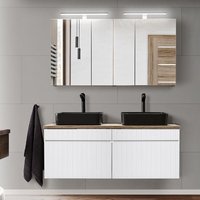 Lomadox - Badmöbel Set mit Doppelwaschtisch 120 cm in weiß matt mit Vintage Eiche Nb. IRAKLIO-56 Keramik Waschbecken schwarz und led Spiegelschränke, von LOMADOX