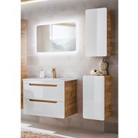 Lomadox - Badmöbel Set mit Keramik-Waschtisch & LED-Spiegel LUTON-56 Hochglanz weiß, Wotan Eiche Nb., b/ht ca. 130/200/46 cm von LOMADOX
