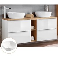 Lomadox - Doppelwaschtisch-Unterschrank 140cm mit 2 Keramikbecken TOSKANA-56 in Hochglanz weiß mit Wotaneiche, b/h/t ca.: 141/74,5/46 cm Lomadox - Doppelwaschtisch-Unterschrank 140cm mit 2 Keramikbecken TOSKANA-56 in Hochglanz weiß mit Wotaneiche, b/h/t ca.: 141/74,5/46 cm von LOMADOX