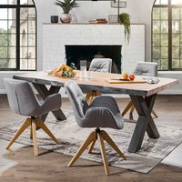 Esszimmer Sitzgruppe mit 200 cm Massivholz Esstisch TARRAS-123 inkl. 4 Stühle in grau mit Drehfunktion von LOMADOX