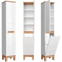 Lomadox - Hochschrank mit Wäschekorb SOLNA-56 Hochglanz weiß mit Wotaneiche, b x h x t ca. 35 x 187 x 33cm von LOMADOX