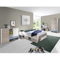 Jugendzimmer Komplett-Set mit Bett 140x200 cm mit Kleiderschrank LEEDS-10 in Sandeiche Nb. mit weiß, Lava und Denim Blau von LOMADOX