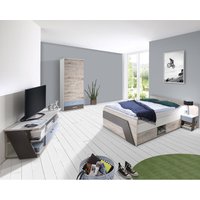 Jugendzimmer Set mit 140x200cm Bett LEEDS-10 in Sandeiche Nb. mit weiß, Lava und Denim Blau von LOMADOX