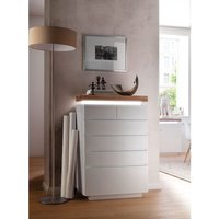 Kommode Highboard weiß ROSARNO-05 in weiß matt lackiert mit Eiche massiv geölt und Beleuchtung, b/h/t: ca. 73/114/40 cm - braun von LOMADOX