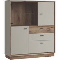 Vitrine Highboard in Flagstaff Eiche Nb. und grau RAMVIK-129, b/h/t ca. 124/143/40 cm von LOMADOX