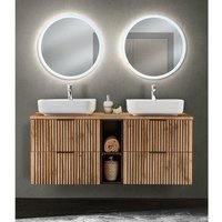 Lomadox - Waschplatz Set mit 141 cm Doppelwaschtisch, Regal, Keramik Aufsatzwaschbecken XANTEN-56 in anthrazit mit Eiche Nb. Rillen schwarz, b/h/t: von LOMADOX