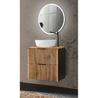 Lomadox - Waschplatz Set mit Waschtisch Unterschrank 60 cm, led Spiegel rund XANTEN-56 in anthrazit mit Eiche Nb. schwarz gerillt, b/h/t: von LOMADOX