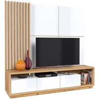 Wohnwand braun & weiß CONWY-83 Modern in weiß Hochglanz mit Eiche Nb., 3-teilig von LOMADOX