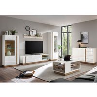Wohnzimmer-Wohnwand-Set in weiß Glanz mit Grandson Oak Eiche Nb. CELLE-61 mit Sideboard und Couchtisch, b/h/t ca. 340/194/40 cm von LOMADOX
