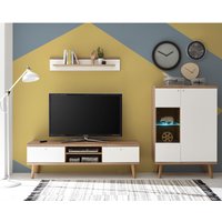 Retro Wohnwand mit Vitrinen-Highboard MAINZ-61 weiß matt mit Eiche Riviera Nb. b/h/t ca. 260x160x40cm von LOMADOX