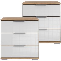 Schlafzimmer 2er Set Nachttisch Nachtschrank, auch für Boxspringbetten, in Plankeneiche Nb. mit weißem Glas ELSTRA-43, b/h/t ca. 52/58/38 cm von LOMADOX