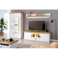Schrankwand MARINGA-05 inkl. Kombi-Vitrine, TV-Element und Wandboard in Pinie weiß mit Eiche Nb. von LOMADOX