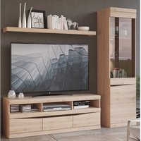 Tv Wohnwand mit Lowboard, Wandboard, Vitrine, Beleuchtung SANFORD-129 in Eiche hell Nb., b/h/t: ca. 220/196,5/40 cm Tv Wohnwand mit Lowboard, Wandboard, Vitrine, Beleuchtung SANFORD-129 in Eiche hell Nb., b/h/t: ca. 220/196,5/40 cm von LOMADOX