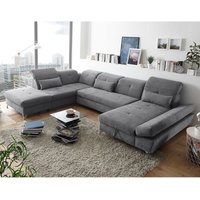 Wohnlandschaft mit verstellbaren Kopfstützen und Schlaffunktion in Mikrovelours dunkelgrau, U-Form mit Bettkasten links, Serie MUCCIA-09 von LOMADOX