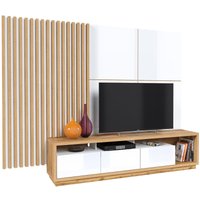 Wohnwand braun & weiß CONWY-83 Modern in weiß Hochglanz mit Eiche Nb., 4-teilig von LOMADOX