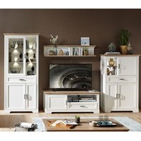 Wohnwand mit TV-Lowboard und Vitrine inkl. led JÜLICH-36 Landhaus-Stil Pinie hell & Artisan Eiche Nb. b/h/t: 354/204/51 cm von LOMADOX