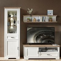 Wohnwand mit Vitrine JÜLICH-36 in Pinie weiß und Artisan Eiche Nb., mit Kabeldurchlass - b/h/t: 224/204/51cm von LOMADOX