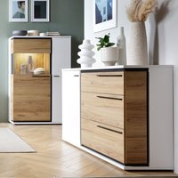 Wohnzimmer Schrankset modern in weiß mit Eiche Nb. Absetzungen schwarz matt SANDVIKA-129 inkl. Beleuchtung von LOMADOX