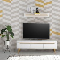 Wohnzimmer TV-Lowboard und Wandboard in Weiß Matt mit Eiche STOCKTON-61, 2-teilig von LOMADOX