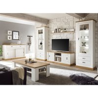 Wohnzimmer Wohnwand-Set inkl. Sideboard und Couchtisch OSIMO-61 Landhausstil Pinie weiß, Wotan Eiche b/h/t ca. 324/204/40-46 cm - weiß von LOMADOX