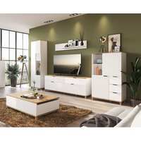 Wohnzimmer Wohnwand mit Couchtisch PLYMOUTH-129 in weiß mit Eiche Nb., b/h/t: ca. 370/208,4/40 cm von LOMADOX