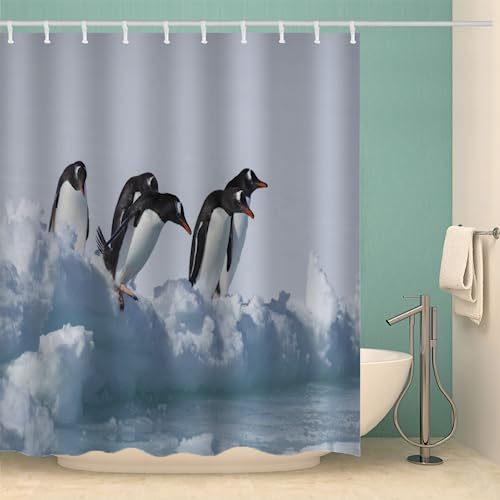 LOMAER Wasserdicht Duschvorhang 180x180 Pinguin Muster, Duschvorhänge Antischimmel Waschbar 3D Tier Schwer Stoff Polyester Bad Vorhang mit 12 Duschvorhangringen von LOMAER
