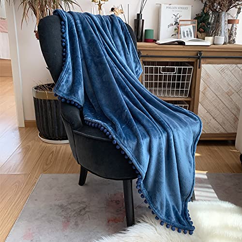 LOMAO Flanell Decke Pompoms Kuscheldecke Sofa Decken - Fleecedecke für Couch weich und warm, Wohndecke flauschig 130x160 cm als Sofadecke Couchdecke (Ägäisches Blau, 130 * 160cm von LOMAO