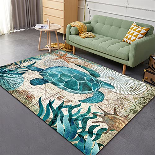 3D Unterwasserwelt Wohnzimmer Schlafzimmer Teppich Blau Schildkröten Beige Strand Seestern Meerestiere Bedruckte Kinder Teppich Spielteppich Teppich Läufer Küche Bodenmatte (Farbe 1,150x200 cm) von LOMDEM