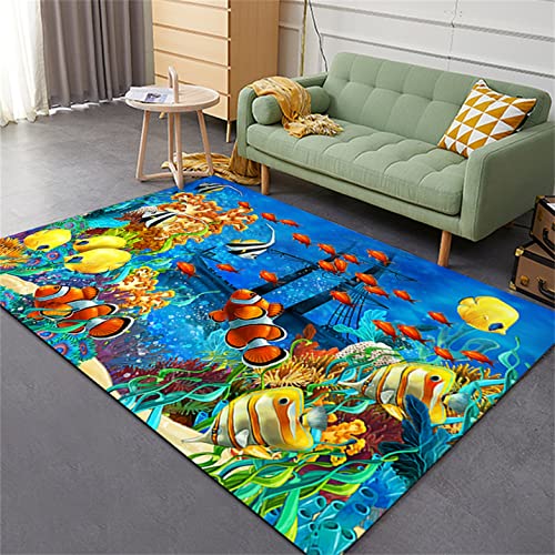 3D Unterwasserwelt Wohnzimmer Schlafzimmer Teppich Blau Schildkröten Beige Strand Seestern Meerestiere Bedruckte Kinder Teppich Spielteppich Teppich Läufer Küche Bodenmatte (Farbe 2,150x200 cm) von LOMDEM