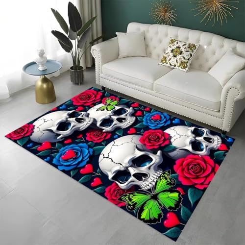 Gothic Skull Flanellteppich Lila Schwarz Neon Death Skull Horror Gaming Teppich für Jungen Jugendzimmer Spielzimmer Deko Accessoires Coole Jugendzimmer Fußmatte Anti-Rutsch (Multicolor,100x120 cm) von LOMDEM