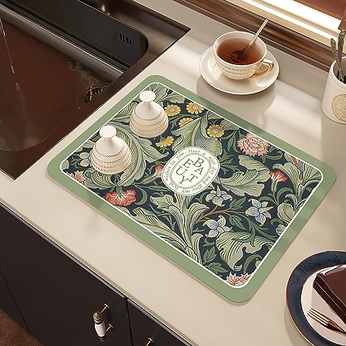 LOMDEM 40x60 cm Blume Grünes Blatt Abtropfmatte, Schnelltrocknend Trockenmatte Kaffeemaschine Abtropfmatte, rutschfest Geschirrabtropfmatte Saugfähige Abtropfmatte für Geschirr Küche Bad, Grün von LOMDEM